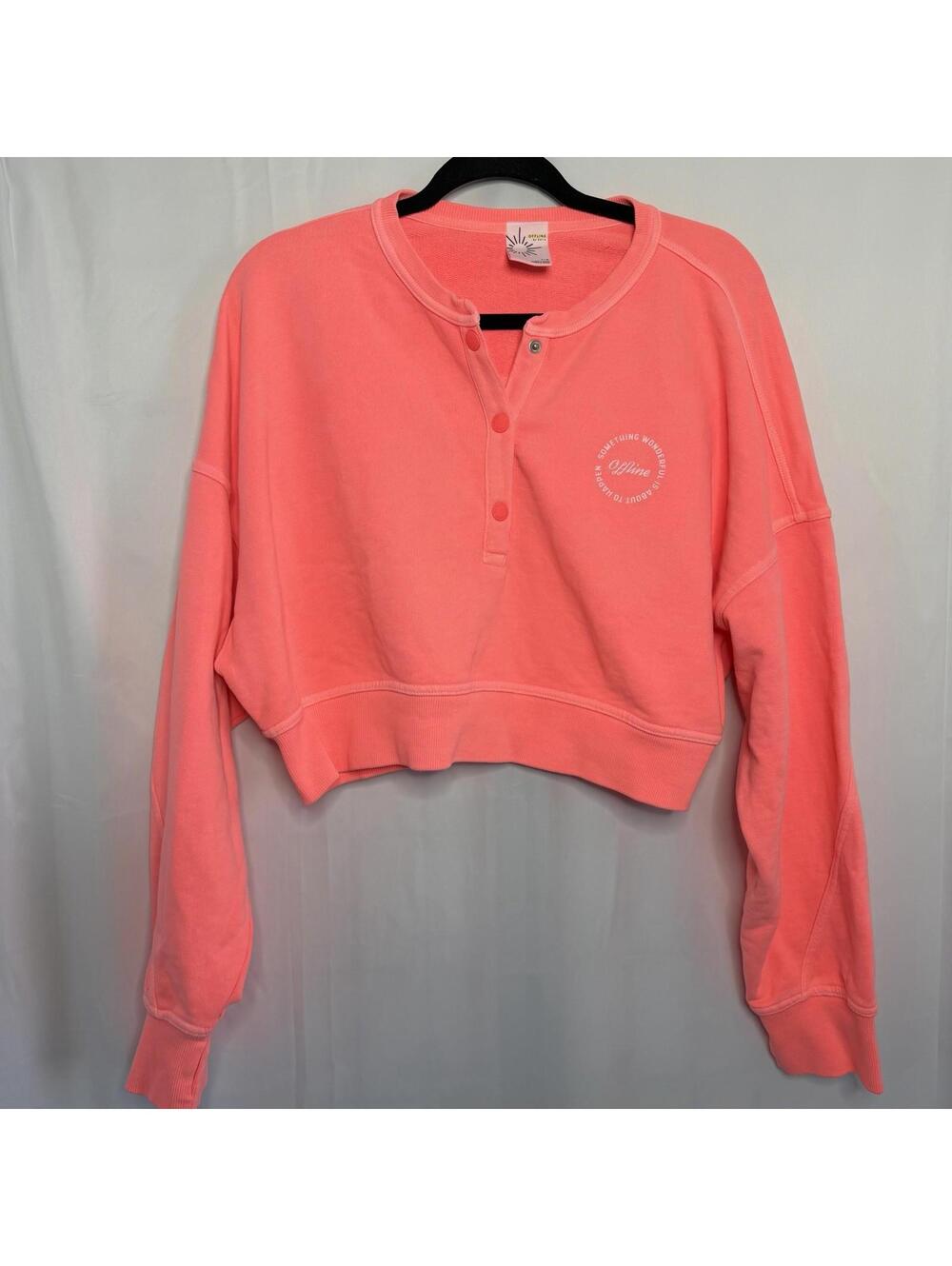 OFFLINE by Aerie Pink Cropped Henley Sweatshirt Womens Size Large Athleisure